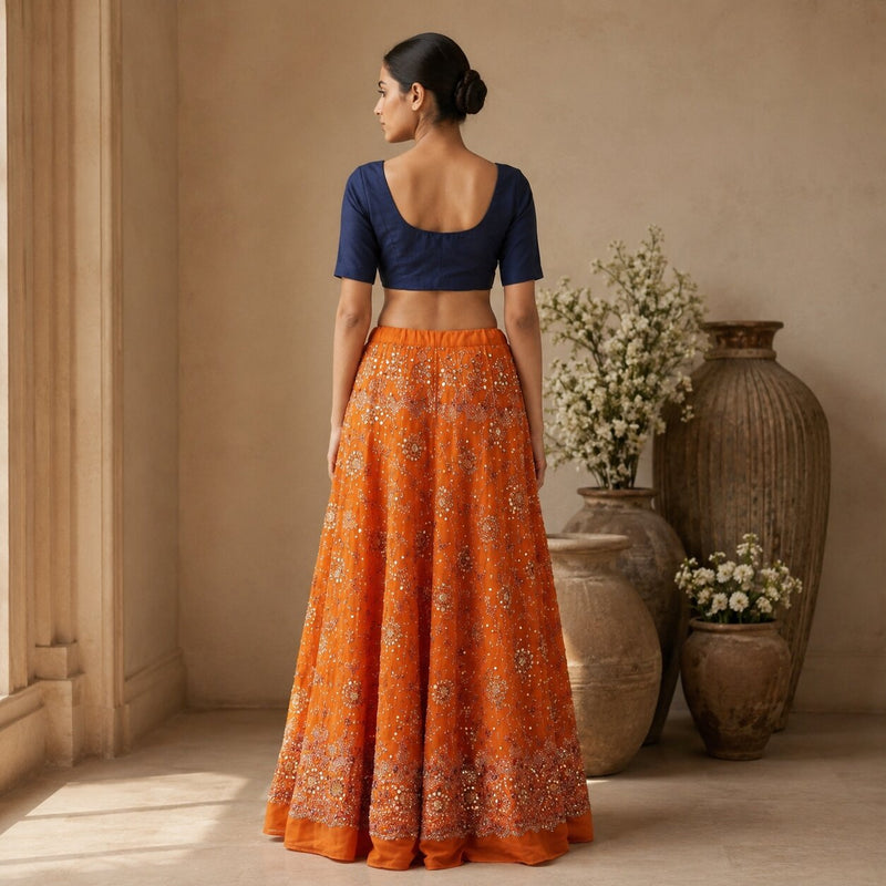 Sanskriti New Orange Pure Georgette Unstitched Lehenga Hand Embroidered Zardozi
