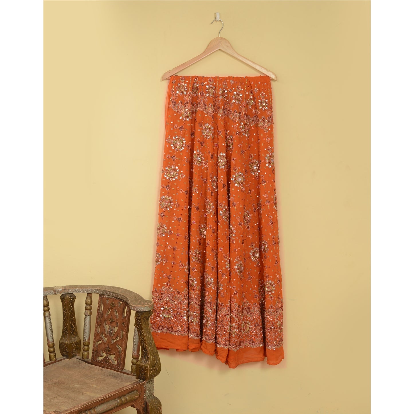Sanskriti New Orange Pure Georgette Unstitched Lehenga Hand Embroidered Zardozi