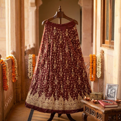 Sanskriti New Maroon Pure Silk Unstitched Lehenga Hand Embroidered Zardozi-Beads