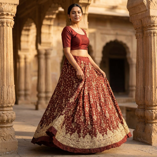 Sanskriti New Maroon Pure Silk Unstitched Lehenga Hand Embroidered Zardozi-Beads