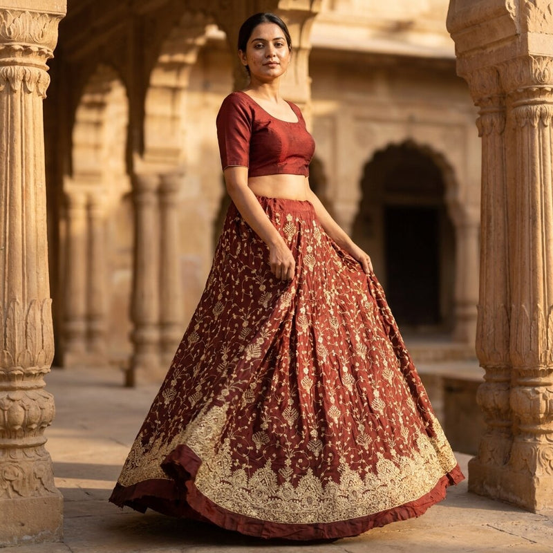 Sanskriti New Maroon Pure Silk Unstitched Lehenga Hand Embroidered Zardozi-Beads
