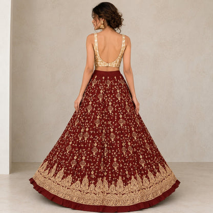 Sanskriti New Maroon Pure Silk Unstitched Lehenga Hand Embroidered Zardozi-Beads