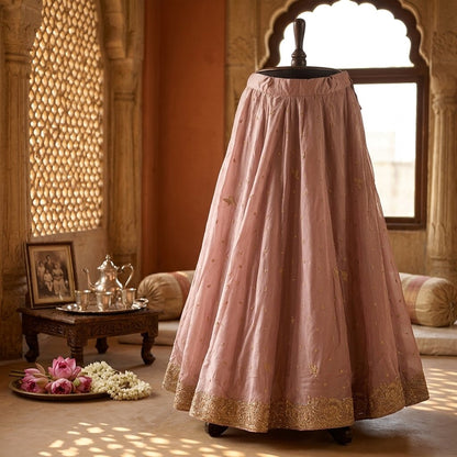 Sanskriti Vintage Pink Net Stitched Bollywood Lehenga Hand Embroidery Zardozi