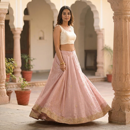 Sanskriti Vintage Pink Net Stitched Bollywood Lehenga Hand Embroidery Zardozi