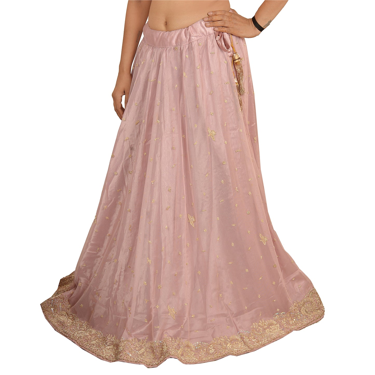 Sanskriti Vintage Pink Net Stitched Bollywood Lehenga Hand Embroidery Zardozi