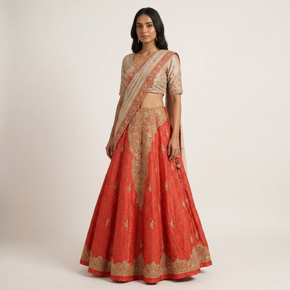 Sanskriti New Red Pure Silk Unstitched Lehenga Hand Embroidered Zardozi-Patch