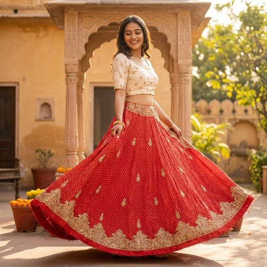 Sanskriti New Red Pure Silk Unstitched Lehenga Hand Embroidered Zardozi-Patch