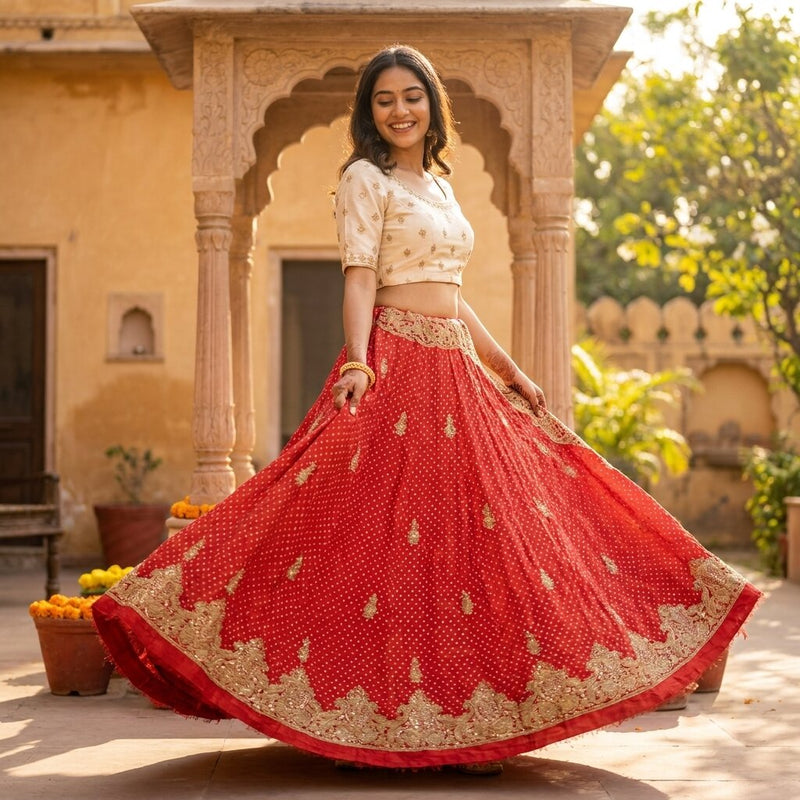 Sanskriti New Red Pure Silk Unstitched Lehenga Hand Embroidered Zardozi-Patch