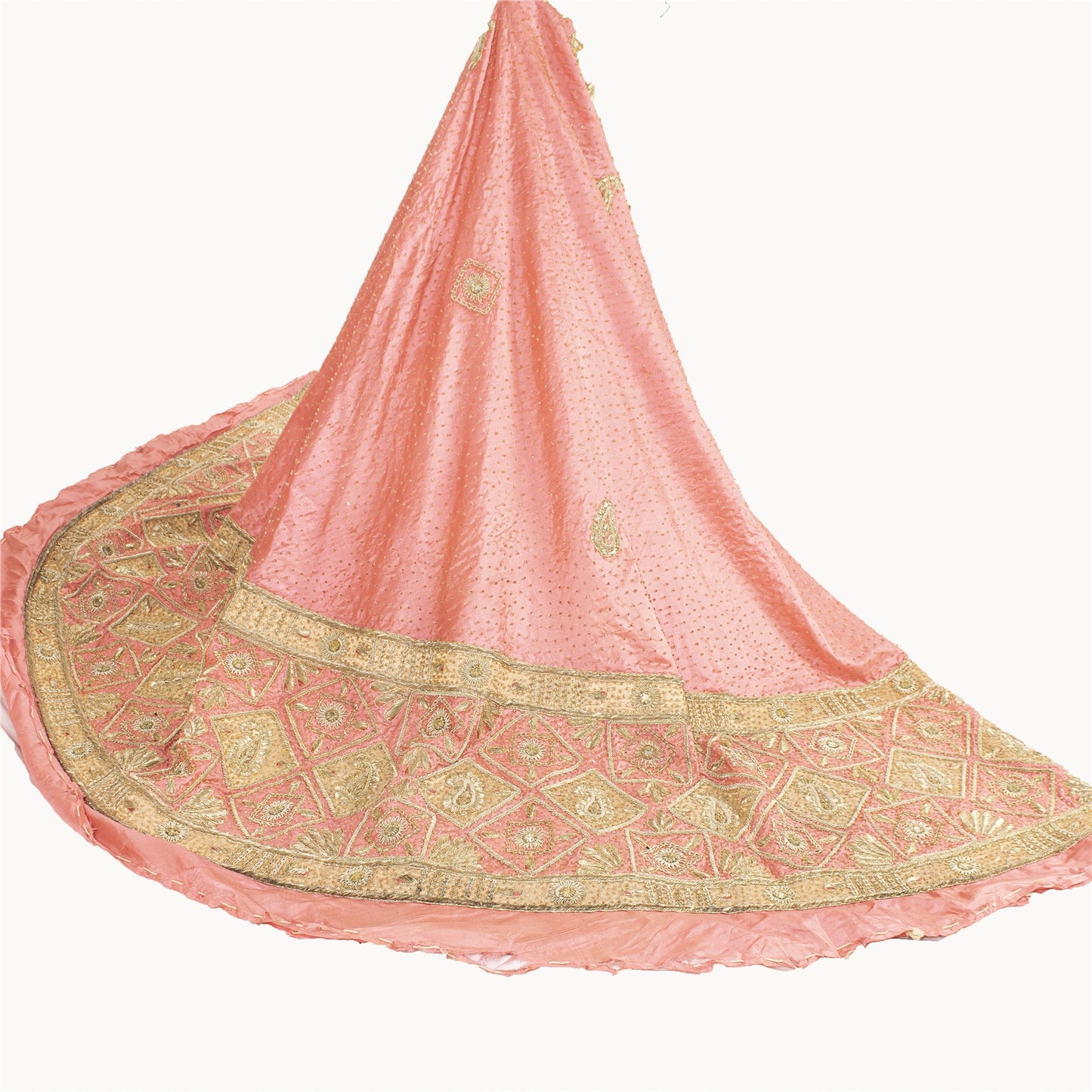 Sanskriti New Peach Pure Silk Unstitched Indian Lehenga Hand Embroidered Zardozi