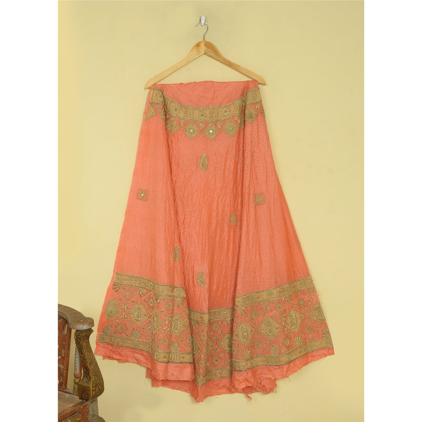 Sanskriti New Peach Pure Silk Unstitched Indian Lehenga Hand Embroidered Zardozi