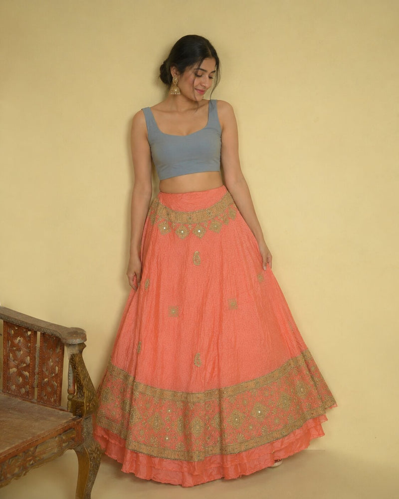 Sanskriti New Peach Pure Silk Unstitched Indian Lehenga Hand Embroidered Zardozi