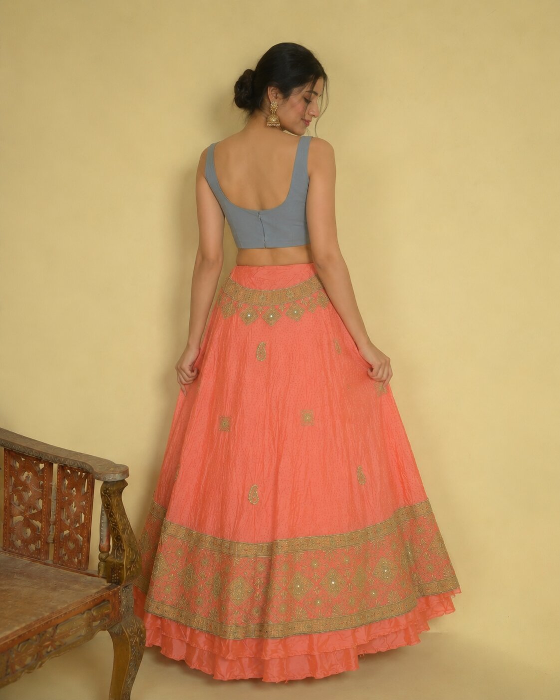 Sanskriti New Peach Pure Silk Unstitched Indian Lehenga Hand Embroidered Zardozi