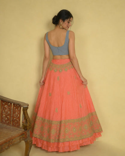 Sanskriti New Peach Pure Silk Unstitched Indian Lehenga Hand Embroidered Zardozi