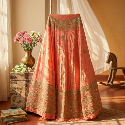 Sanskriti New Peach Pure Silk Unstitched Indian Lehenga Hand Embroidered Zardozi