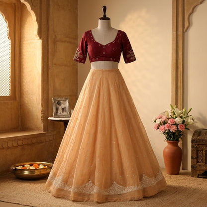 Sanskriti New Cream Net Unstitched Premium Lehenga Hand Embroidered Zardozi-Bead