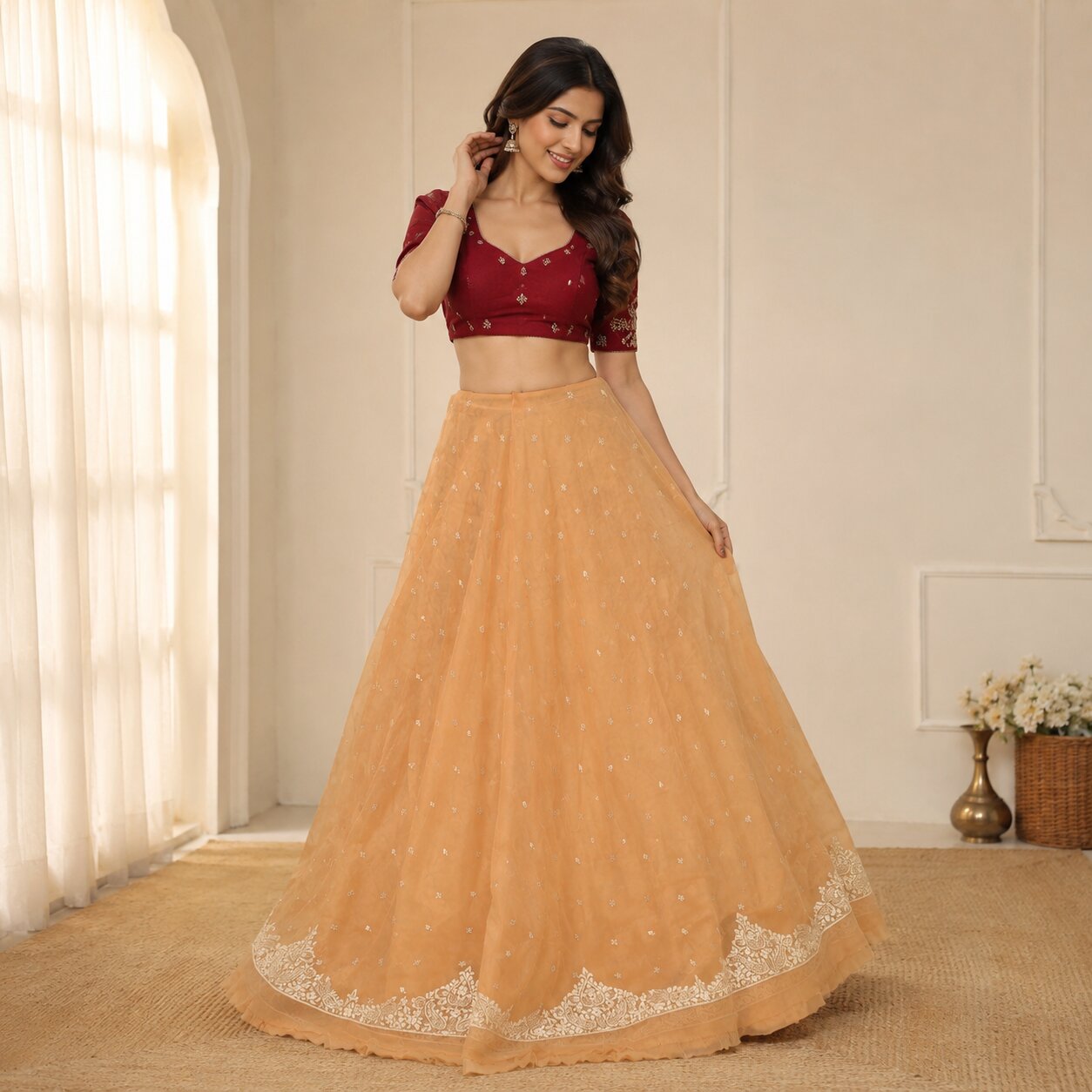 Sanskriti New Cream Net Unstitched Premium Lehenga Hand Embroidered Zardozi-Bead