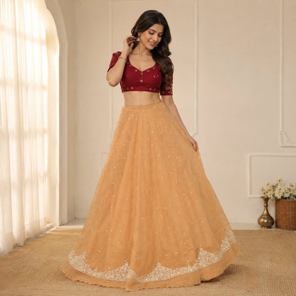 Sanskriti New Cream Net Unstitched Premium Lehenga Hand Embroidered Zardozi-Bead