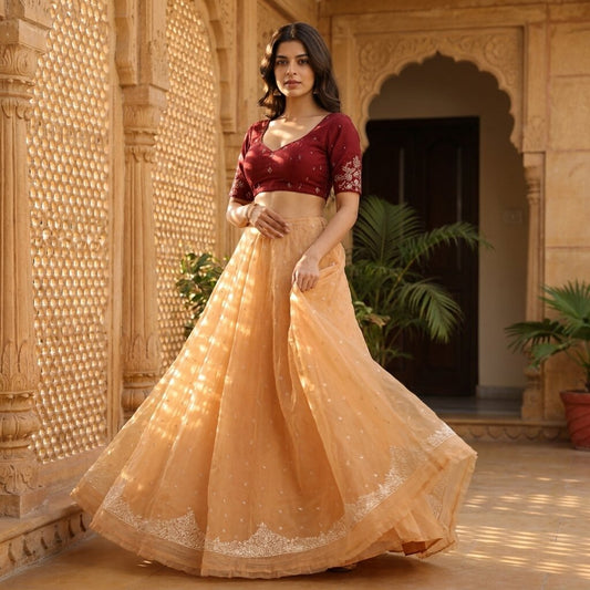 Sanskriti New Cream Net Unstitched Premium Lehenga Hand Embroidered Zardozi-Bead