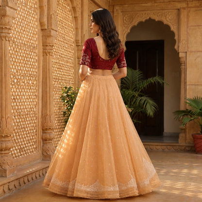 Sanskriti New Cream Net Unstitched Premium Lehenga Hand Embroidered Zardozi-Bead