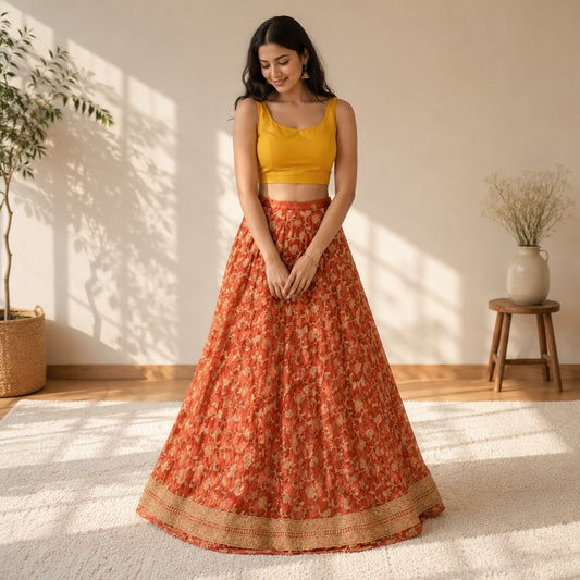 Sanskriti New Orange Pure Silk Unstitched Lehenga Hand Embroidered Zardozi