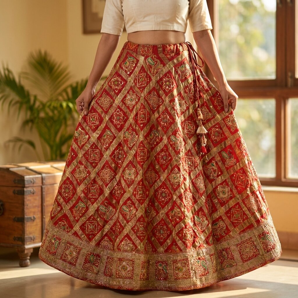 Sanskriti Vintage Red Pure Silk Stitched Lehenga Bandhani Gharchola Hand Made