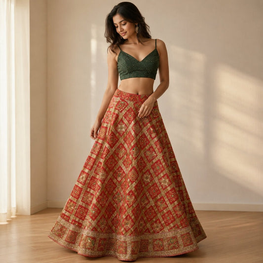 Sanskriti Vintage Red Pure Silk Stitched Lehenga Bandhani Gharchola Hand Made