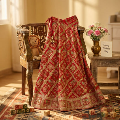 Sanskriti Vintage Red Pure Silk Stitched Lehenga Bandhani Gharchola Hand Made