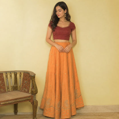 Sanskriti New Peach Pure Silk Unstitched Bridal Lehenga Hand Embroidered Zardozi