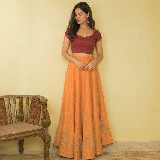 Sanskriti New Peach Pure Silk Unstitched Bridal Lehenga Hand Embroidered Zardozi