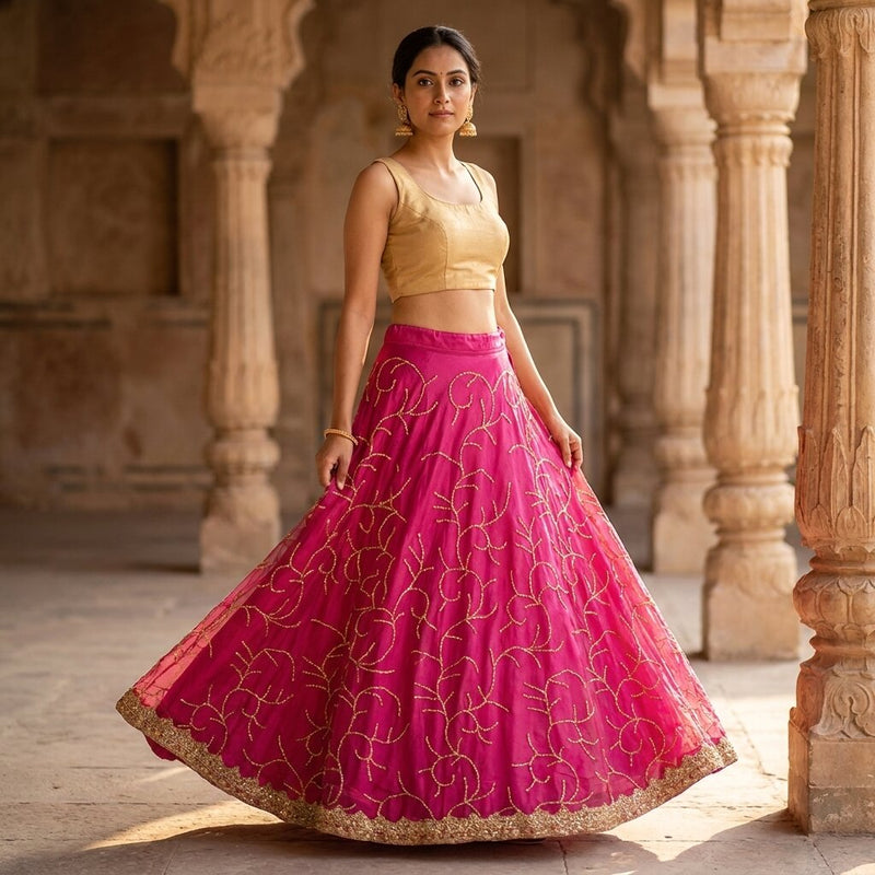 Sanskriti Vintage Pink Net Stitched Indian Lehenga Hand Embroidery Zardozi Zari