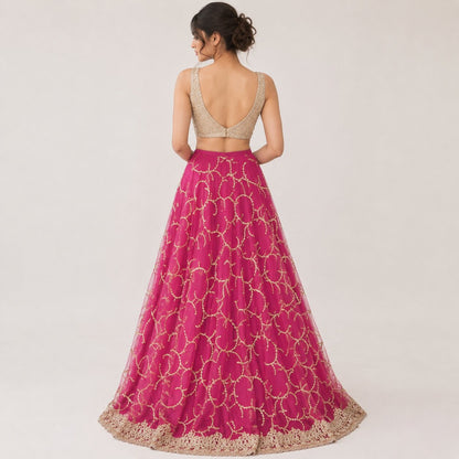Sanskriti Vintage Pink Net Stitched Indian Lehenga Hand Embroidery Zardozi Zari