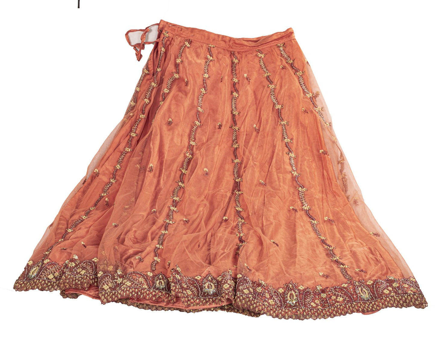 Sanskriti Vintage Peach Net Mesh Stitched Lehenga Antique Hand Embroidery Dabka