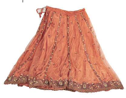 Sanskriti Vintage Peach Net Mesh Stitched Lehenga Antique Hand Embroidery Dabka