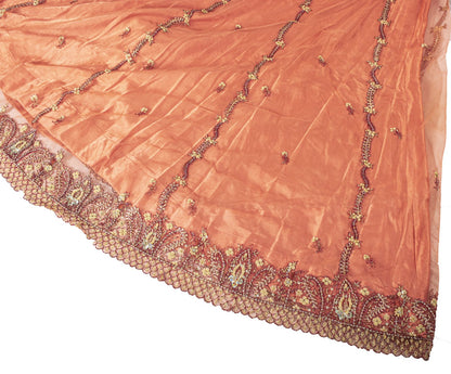 Sanskriti Vintage Peach Net Mesh Stitched Lehenga Antique Hand Embroidery Dabka