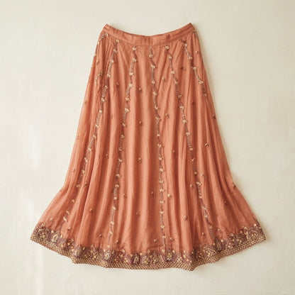 Sanskriti Vintage Peach Net Mesh Stitched Lehenga Antique Hand Embroidery Dabka