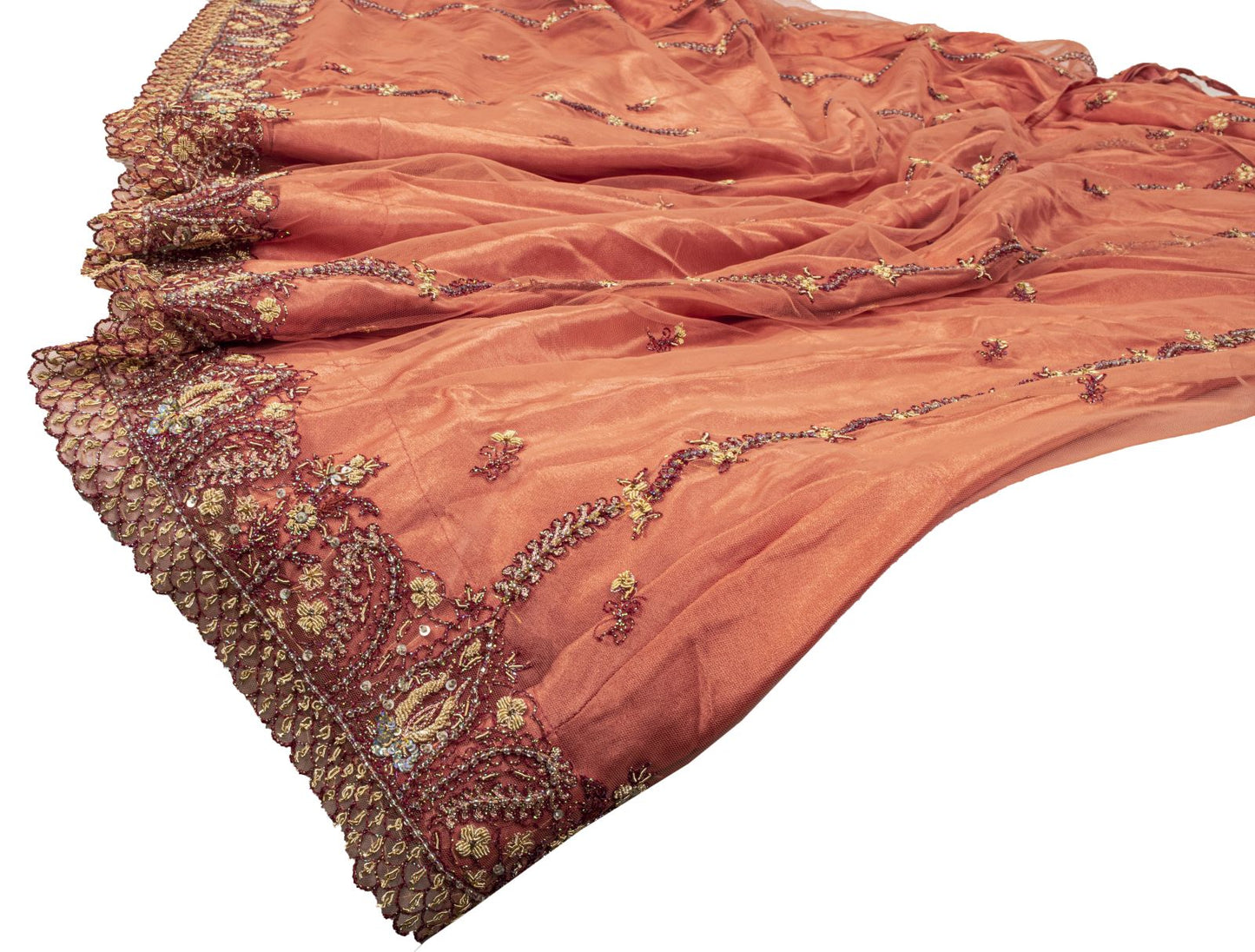 Sanskriti Vintage Peach Net Mesh Stitched Lehenga Antique Hand Embroidery Dabka