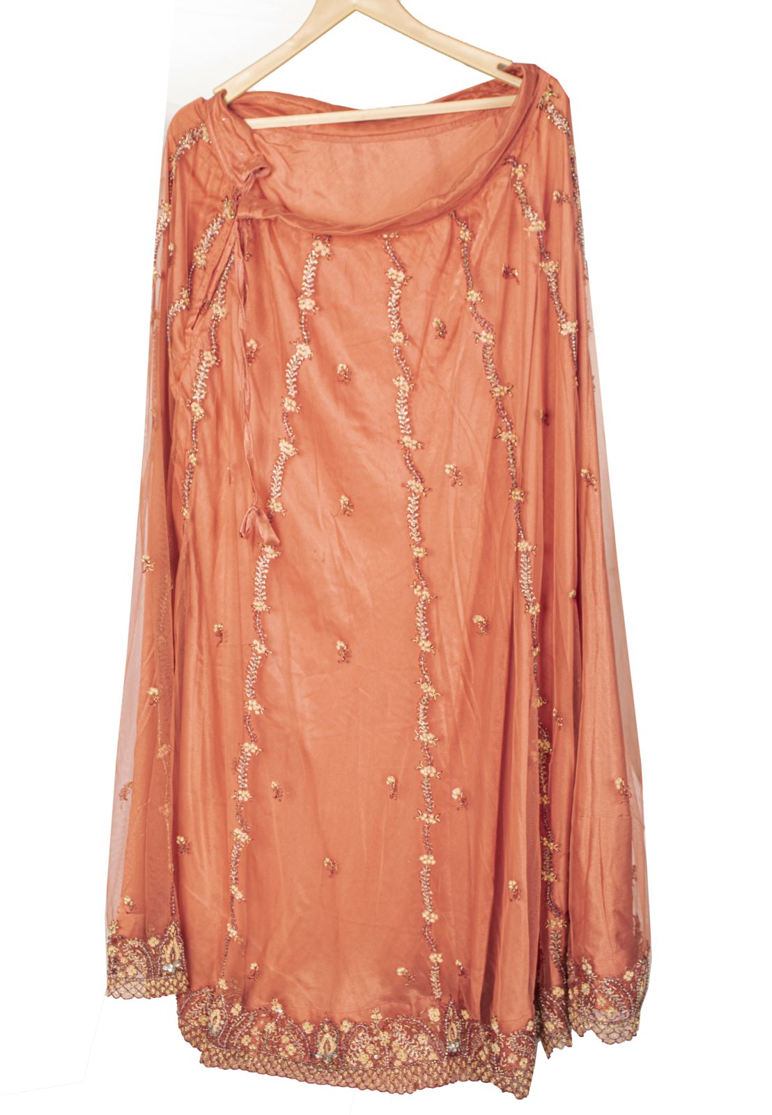 Sanskriti Vintage Peach Net Mesh Stitched Lehenga Antique Hand Embroidery Dabka