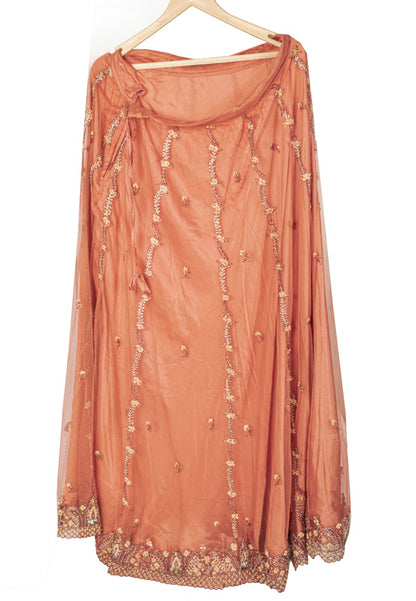Sanskriti Vintage Peach Net Mesh Stitched Lehenga Antique Hand Embroidery Dabka