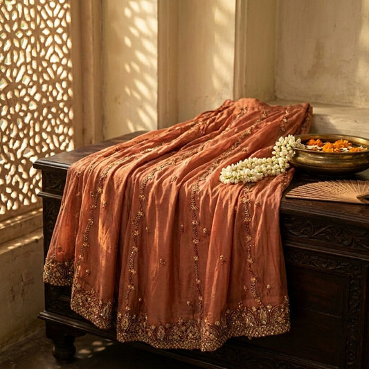 Sanskriti Vintage Peach Net Mesh Stitched Lehenga Antique Hand Embroidery Dabka