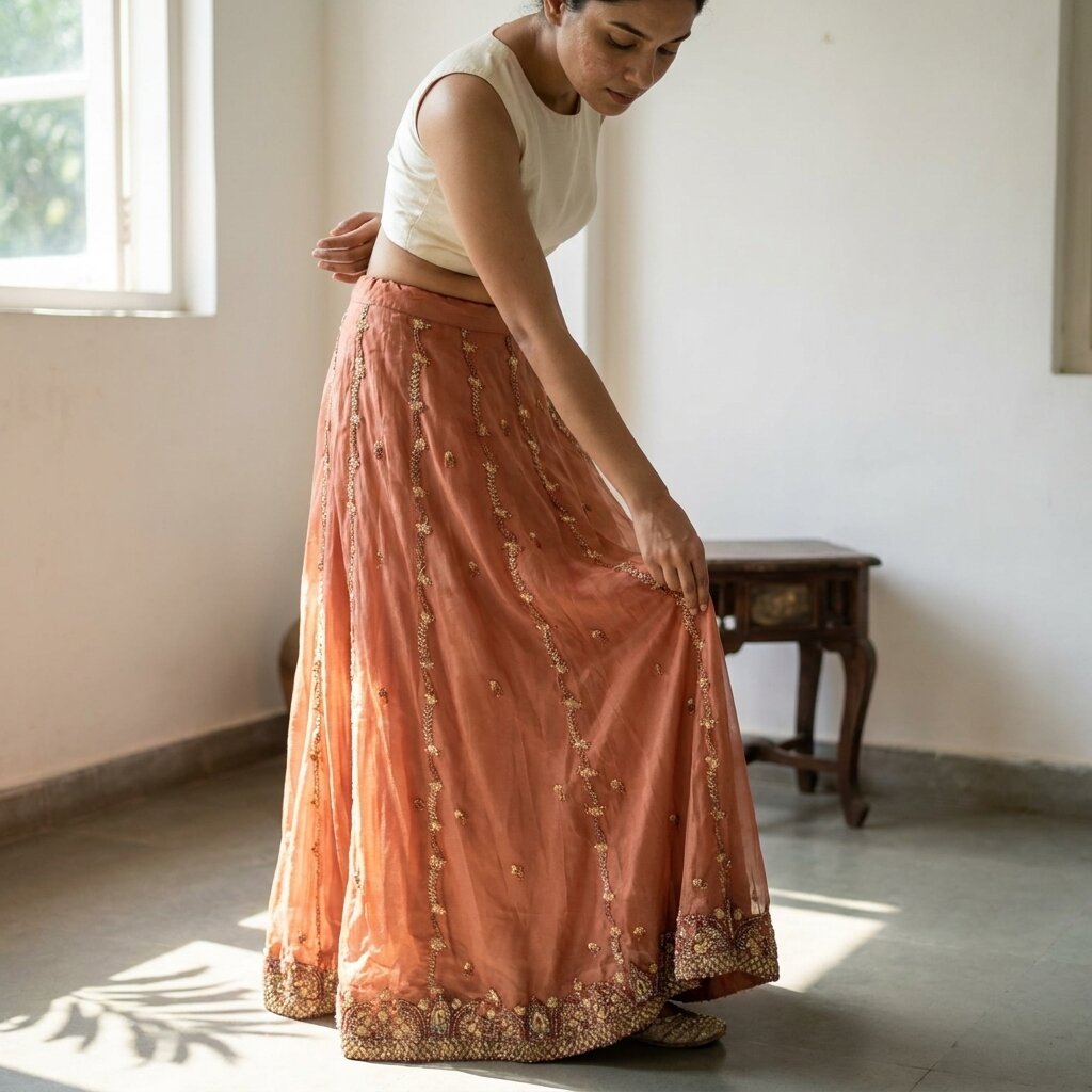 Sanskriti Vintage Peach Net Mesh Stitched Lehenga Antique Hand Embroidery Dabka