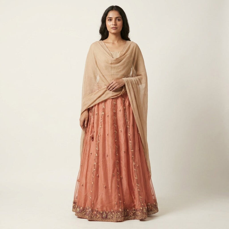 Sanskriti Vintage Peach Net Mesh Stitched Lehenga Antique Hand Embroidery Dabka