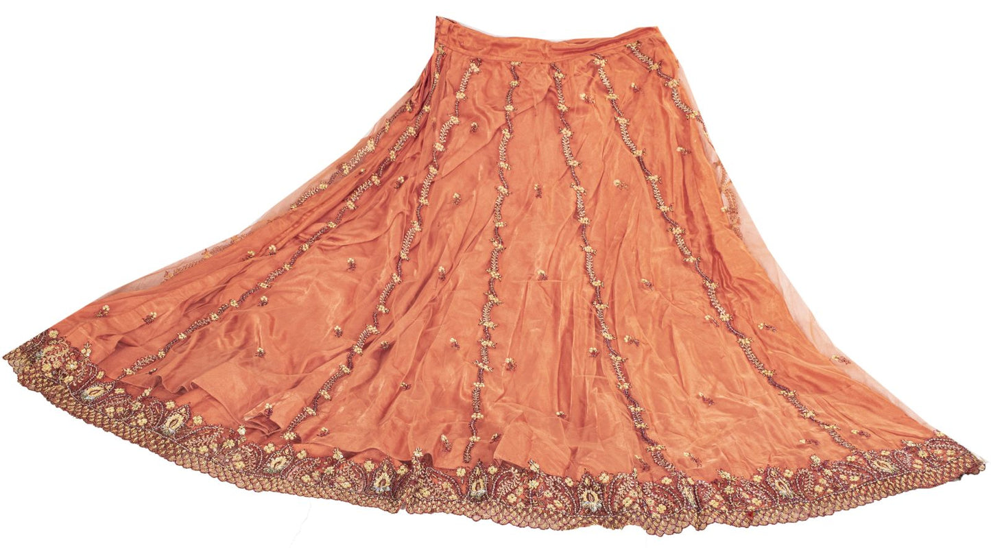 Sanskriti Vintage Peach Net Mesh Stitched Lehenga Antique Hand Embroidery Dabka