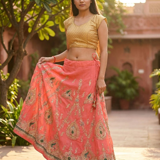 Sanskriti Vintage Pink Georgette Stitched Lehenga Hand Embroidered Peacock Zari