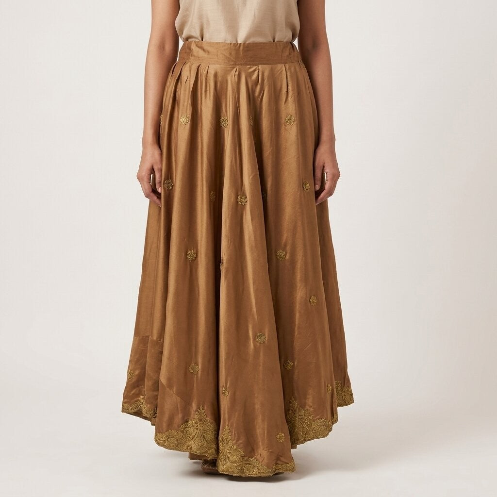 Sanskriti Vintage Brown Pure Silk Stitch Indian Lehenga Hand Embroidered Zardozi