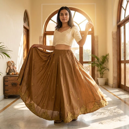Sanskriti Vintage Brown Pure Silk Stitch Indian Lehenga Hand Embroidered Zardozi