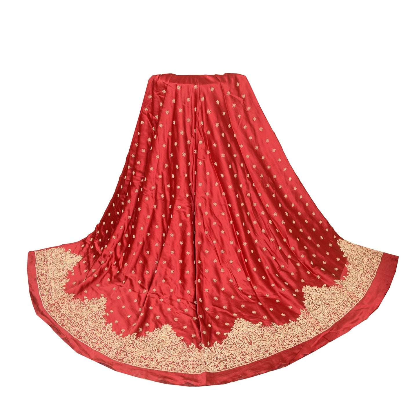 Sanskriti New Red Satin Silk Unstitched Wedding Lehenga Hand Embroidered Zardozi