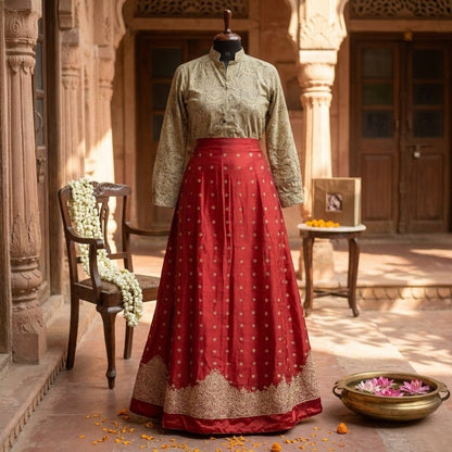 Sanskriti New Red Satin Silk Unstitched Wedding Lehenga Hand Embroidered Zardozi