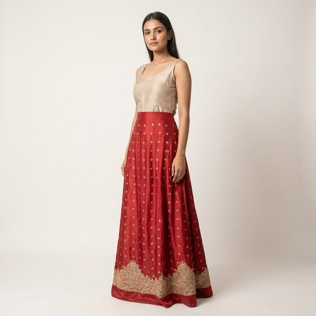 Sanskriti New Red Satin Silk Unstitched Wedding Lehenga Hand Embroidered Zardozi