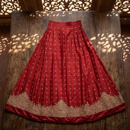 Sanskriti New Red Satin Silk Unstitched Wedding Lehenga Hand Embroidered Zardozi