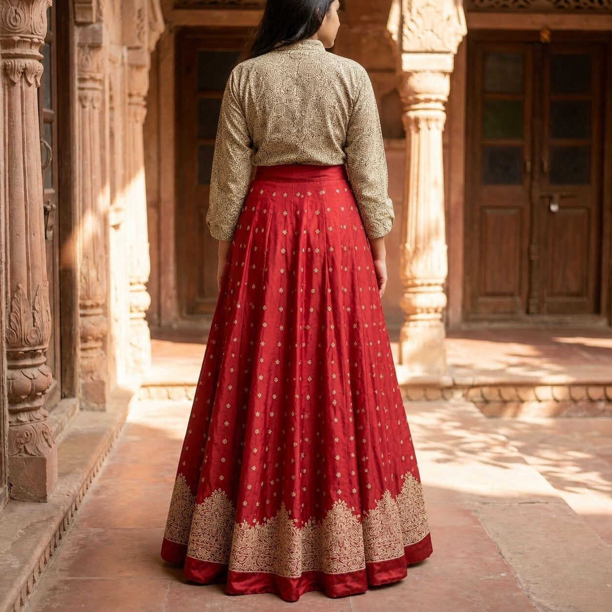 Sanskriti New Red Satin Silk Unstitched Wedding Lehenga Hand Embroidered Zardozi